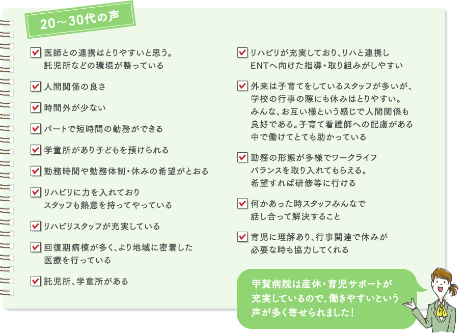 20～30代：医師との連携はとりやすいと思う。託児所などの環境が整っている、人間関係の良さ