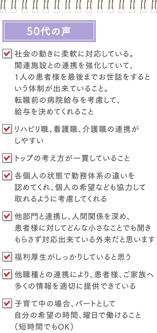 50代:社会の動きに柔軟に対応している。関連施設との連携を強化していて、1人の患者様を最後までお世話をするという体制が出来ていること。転職前の病院給与を考慮して、給与を決めてくれること 、リハビリ職、看護職、介護職の連携がしやすい